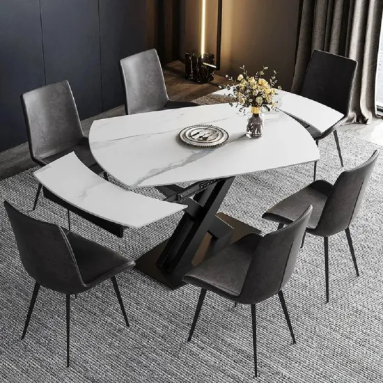 シンプルで安い北欧ダイニングルームテーブル大理石デザイン長方形焼結石折りたたみ拡張可能な家具テーブルと椅子